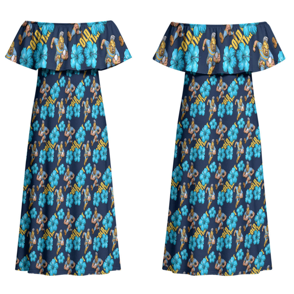 Gold Coast Titans Couples Matching Off Shoulder Maxi Dress and Long Sleeve Button Shirt Tropical Hibiscus Floral Seamless Rugby Mascot