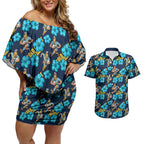 Gold Coast Titans Couples Matching Off Shoulder Short Dress and Hawaiian Shirt Tropical Hibiscus Floral Seamless Rugby Mascot