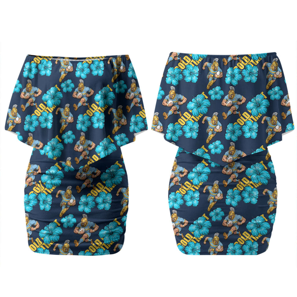 Gold Coast Titans Couples Matching Off Shoulder Short Dress and Hawaiian Shirt Tropical Hibiscus Floral Seamless Rugby Mascot