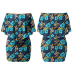 Gold Coast Titans Couples Matching Off Shoulder Short Dress and Hawaiian Shirt Tropical Hibiscus Floral Seamless Rugby Mascot