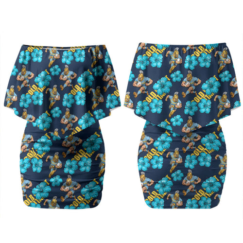 Gold Coast Titans Couples Matching Off Shoulder Short Dress and Hawaiian Shirt Tropical Hibiscus Floral Seamless Rugby Mascot