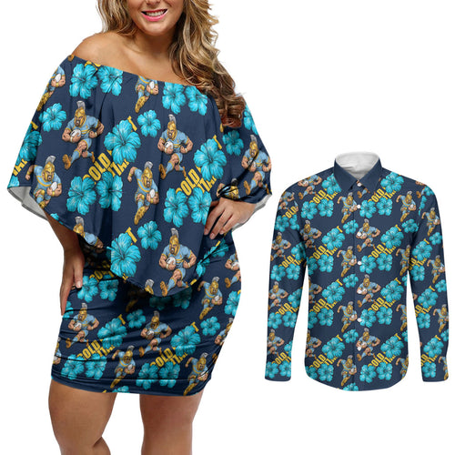 Gold Coast Titans Couples Matching Off Shoulder Short Dress and Long Sleeve Button Shirt Tropical Hibiscus Floral Seamless Rugby Mascot