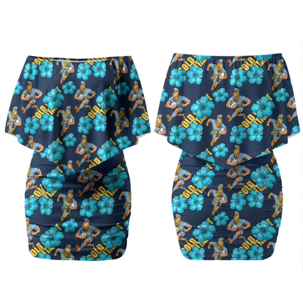 Gold Coast Titans Couples Matching Off Shoulder Short Dress and Long Sleeve Button Shirt Tropical Hibiscus Floral Seamless Rugby Mascot