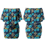 Gold Coast Titans Couples Matching Off Shoulder Short Dress and Long Sleeve Button Shirt Tropical Hibiscus Floral Seamless Rugby Mascot