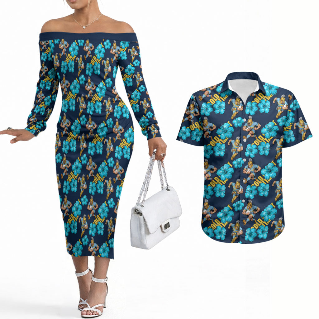Gold Coast Titans Couples Matching Off The Shoulder Long Sleeve Dress and Hawaiian Shirt Tropical Hibiscus Floral Seamless Rugby Mascot