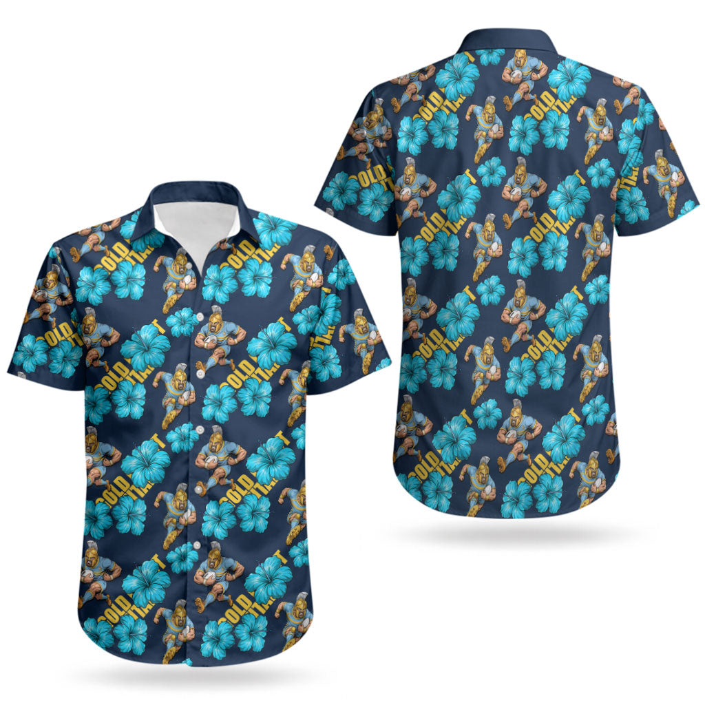 Gold Coast Titans Couples Matching Off The Shoulder Long Sleeve Dress and Hawaiian Shirt Tropical Hibiscus Floral Seamless Rugby Mascot