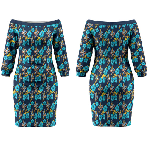Gold Coast Titans Couples Matching Off The Shoulder Long Sleeve Dress and Hawaiian Shirt Tropical Hibiscus Floral Seamless Rugby Mascot