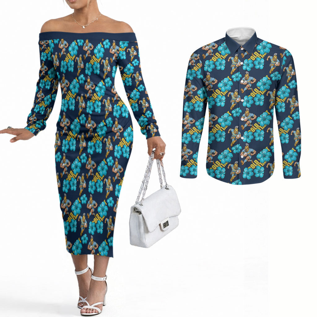 Gold Coast Titans Couples Matching Off The Shoulder Long Sleeve Dress and Long Sleeve Button Shirt Tropical Hibiscus Floral Seamless Rugby Mascot