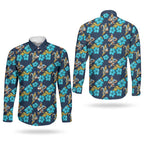 Gold Coast Titans Couples Matching Off The Shoulder Long Sleeve Dress and Long Sleeve Button Shirt Tropical Hibiscus Floral Seamless Rugby Mascot