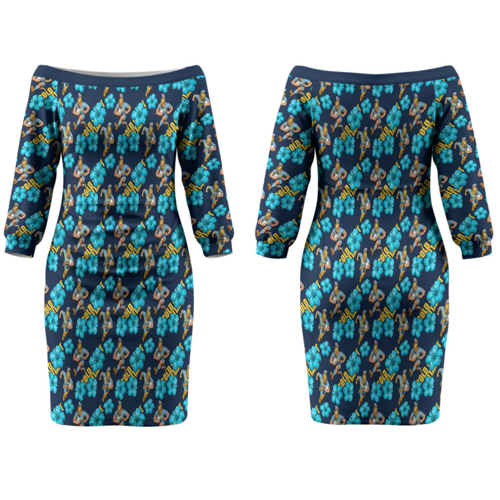 Gold Coast Titans Couples Matching Off The Shoulder Long Sleeve Dress and Long Sleeve Button Shirt Tropical Hibiscus Floral Seamless Rugby Mascot
