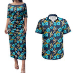 Gold Coast Titans Couples Matching Puletasi and Hawaiian Shirt Tropical Hibiscus Floral Seamless Rugby Mascot