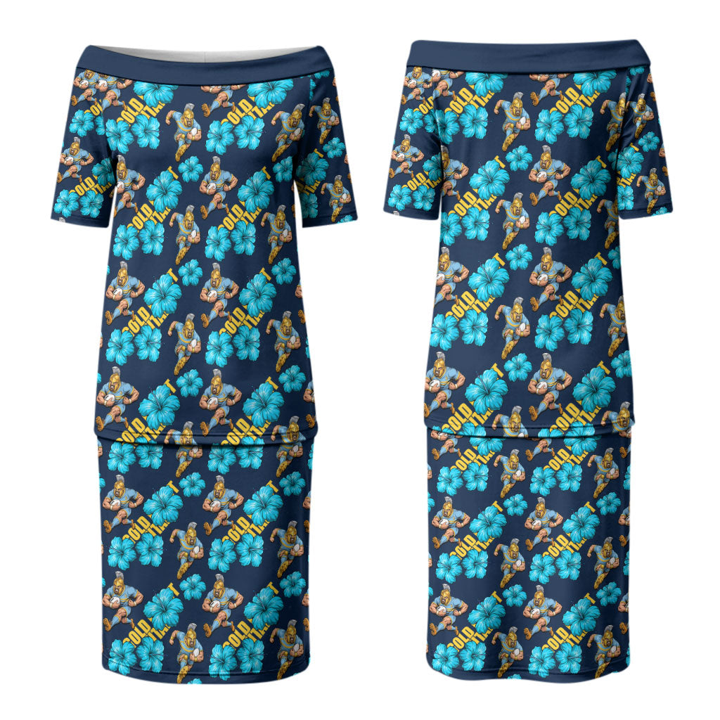 Gold Coast Titans Couples Matching Puletasi and Long Sleeve Button Shirt Tropical Hibiscus Floral Seamless Rugby Mascot