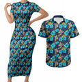 Gold Coast Titans Couples Matching Short Sleeve Bodycon Dress and Hawaiian Shirt Tropical Hibiscus Floral Seamless Rugby Mascot