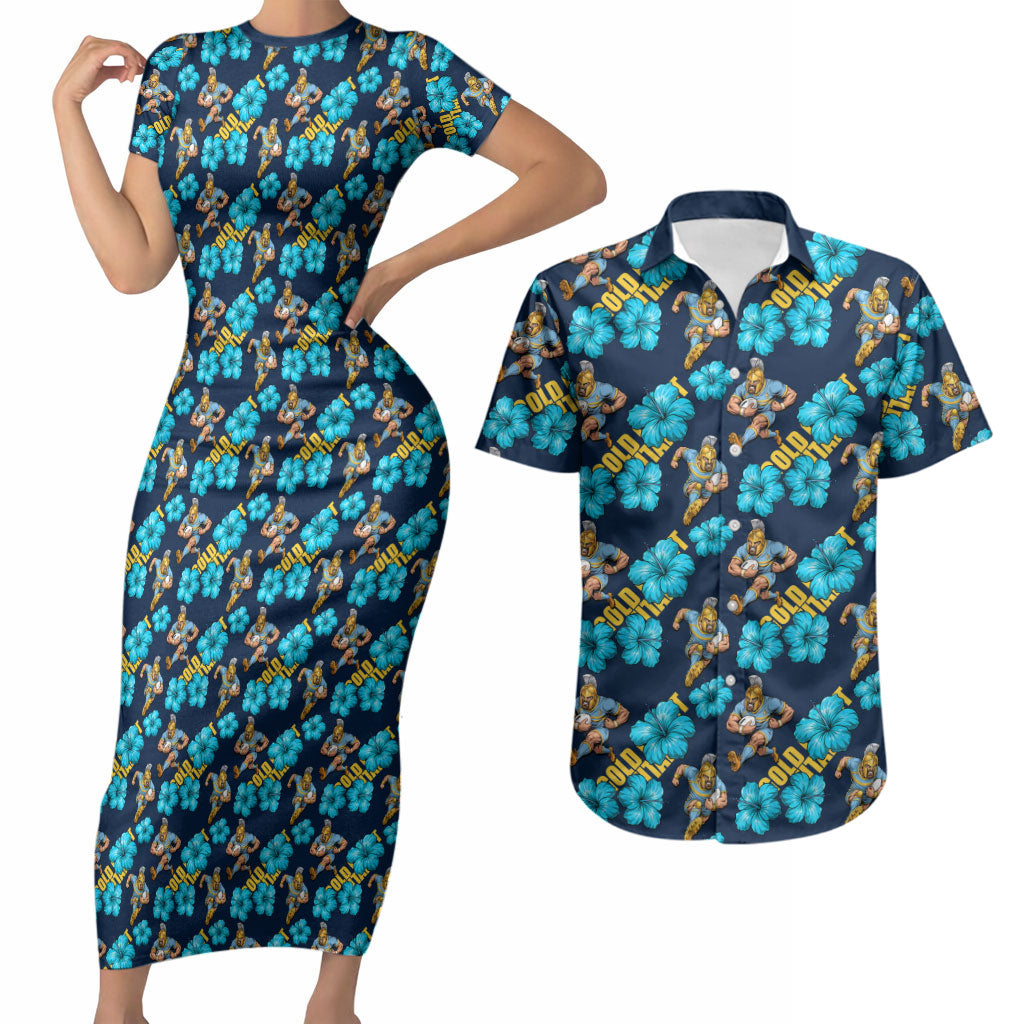 Gold Coast Titans Couples Matching Short Sleeve Bodycon Dress and Hawaiian Shirt Tropical Hibiscus Floral Seamless Rugby Mascot