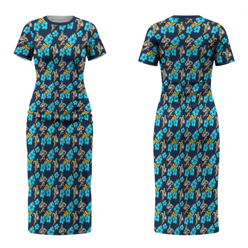 Gold Coast Titans Couples Matching Short Sleeve Bodycon Dress and Hawaiian Shirt Tropical Hibiscus Floral Seamless Rugby Mascot