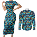 Gold Coast Titans Couples Matching Short Sleeve Bodycon Dress and Long Sleeve Button Shirt Tropical Hibiscus Floral Seamless Rugby Mascot
