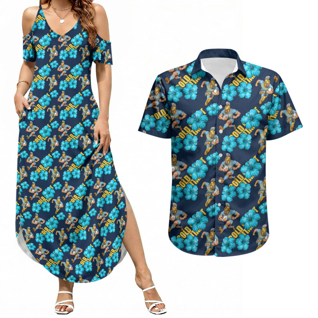Gold Coast Titans Couples Matching Summer Maxi Dress and Hawaiian Shirt Tropical Hibiscus Floral Seamless Rugby Mascot