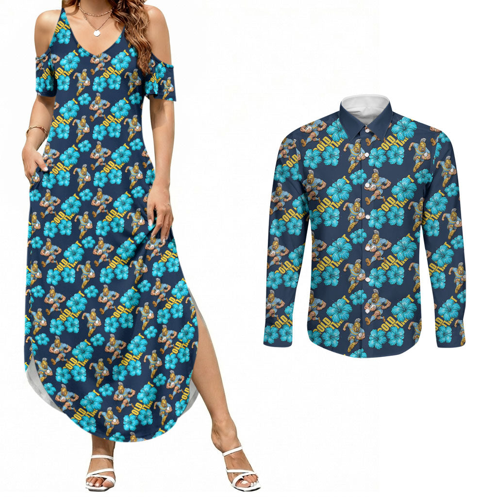 Gold Coast Titans Couples Matching Summer Maxi Dress and Long Sleeve Button Shirt Tropical Hibiscus Floral Seamless Rugby Mascot