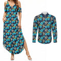 Gold Coast Titans Couples Matching Summer Maxi Dress and Long Sleeve Button Shirt Tropical Hibiscus Floral Seamless Rugby Mascot