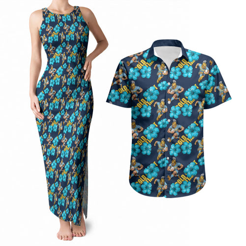 Gold Coast Titans Couples Matching Tank Maxi Dress and Hawaiian Shirt Tropical Hibiscus Floral Seamless Rugby Mascot