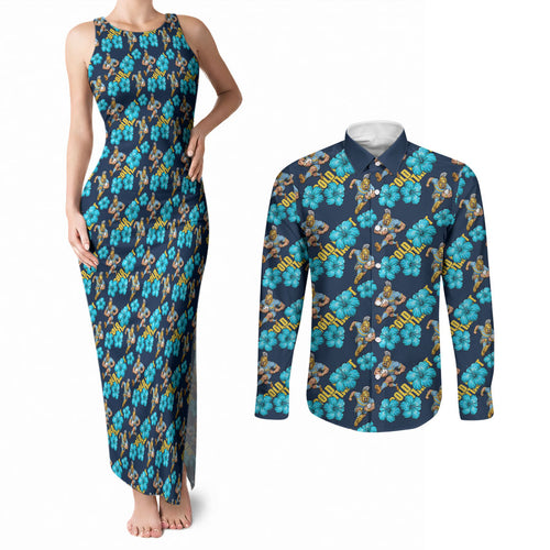 Gold Coast Titans Couples Matching Tank Maxi Dress and Long Sleeve Button Shirt Tropical Hibiscus Floral Seamless Rugby Mascot