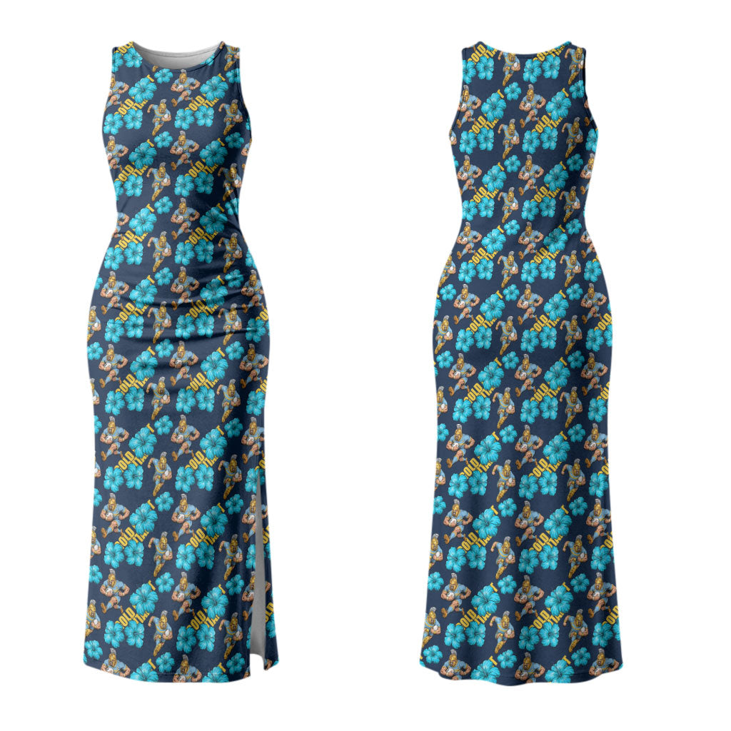 Gold Coast Titans Couples Matching Tank Maxi Dress and Long Sleeve Button Shirt Tropical Hibiscus Floral Seamless Rugby Mascot