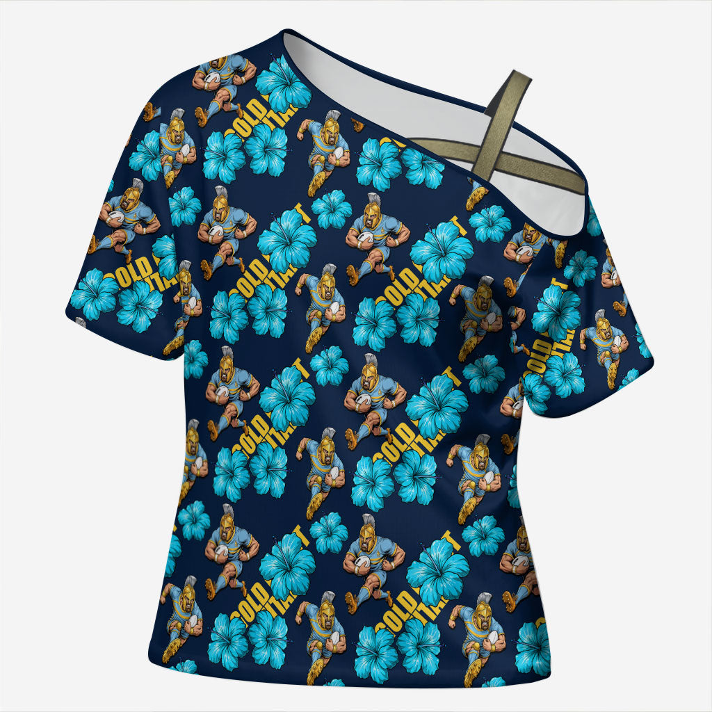 Gold Coast Titans Cross Shoulder Shirt Tropical Hibiscus Floral Seamless Rugby Mascot