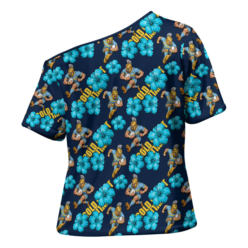 Gold Coast Titans Cross Shoulder Shirt Tropical Hibiscus Floral Seamless Rugby Mascot