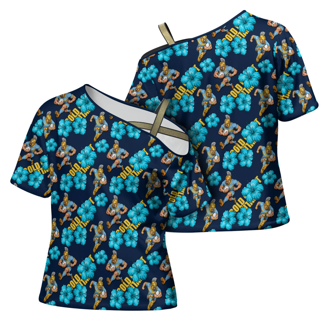 Gold Coast Titans Cross Shoulder Shirt Tropical Hibiscus Floral Seamless Rugby Mascot