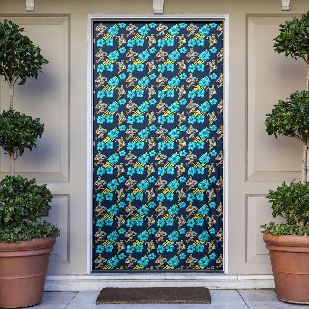 Gold Coast Titans Door Cover Tropical Hibiscus Floral Seamless Rugby Mascot