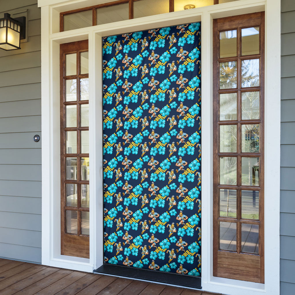 Gold Coast Titans Door Cover Tropical Hibiscus Floral Seamless Rugby Mascot