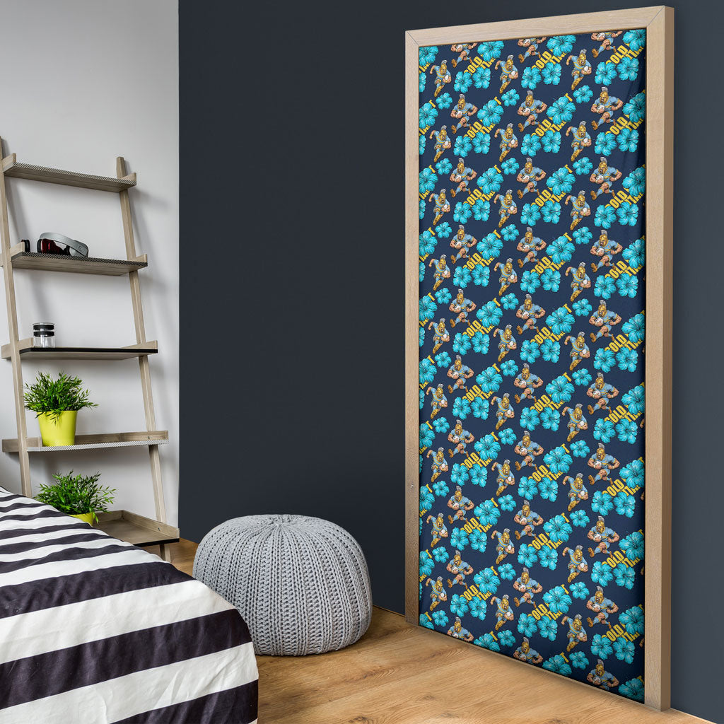 Gold Coast Titans Door Cover Tropical Hibiscus Floral Seamless Rugby Mascot