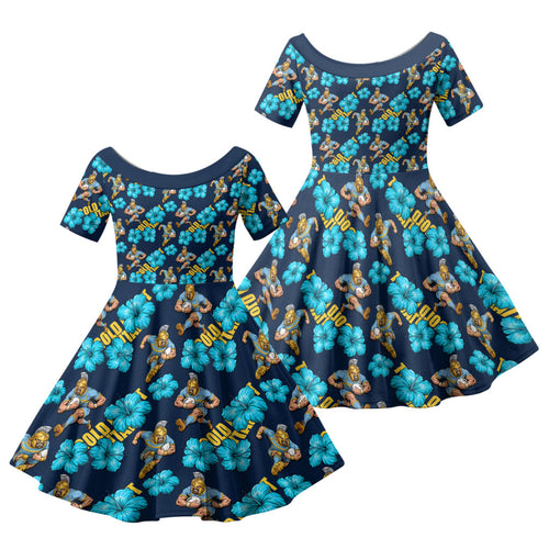 Gold Coast Titans Family Matching Long Sleeve Bodycon Dress and Hawaiian Shirt Tropical Hibiscus Floral Seamless Rugby Mascot