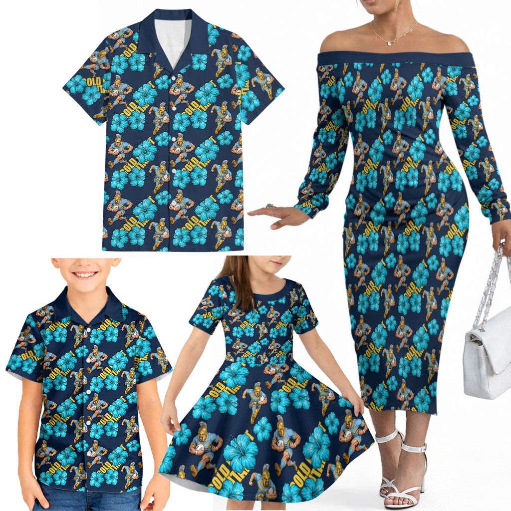 Gold Coast Titans Family Matching Off The Shoulder Long Sleeve Dress and Hawaiian Shirt Tropical Hibiscus Floral Seamless Rugby Mascot