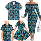 Gold Coast Titans Family Matching Off The Shoulder Long Sleeve Dress and Hawaiian Shirt Tropical Hibiscus Floral Seamless Rugby Mascot