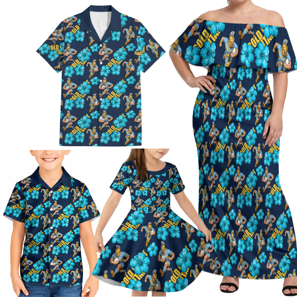 Gold Coast Titans Family Matching Off Shoulder Maxi Dress and Hawaiian Shirt Tropical Hibiscus Floral Seamless Rugby Mascot