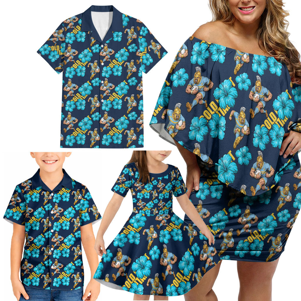 Gold Coast Titans Family Matching Off Shoulder Short Dress and Hawaiian Shirt Tropical Hibiscus Floral Seamless Rugby Mascot