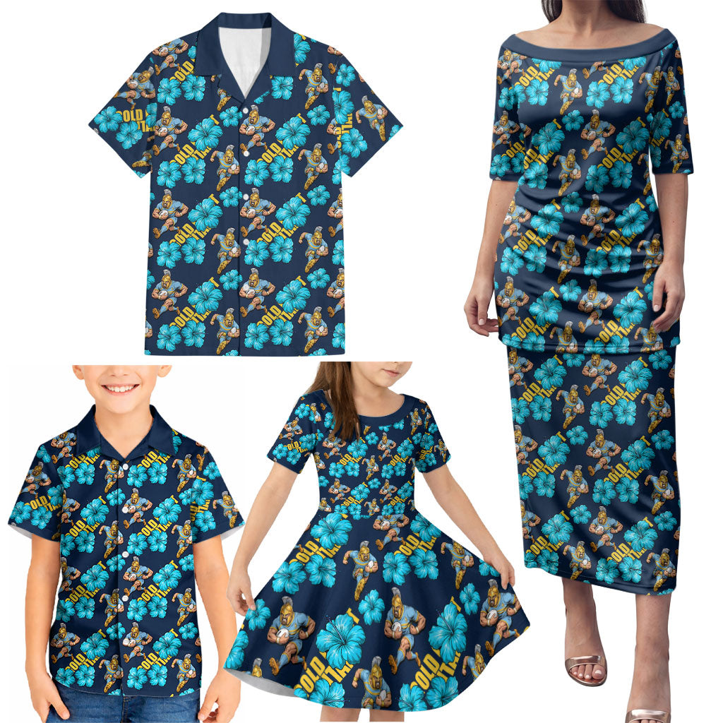 Gold Coast Titans Family Matching Puletasi and Hawaiian Shirt Tropical Hibiscus Floral Seamless Rugby Mascot
