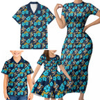 Gold Coast Titans Family Matching Short Sleeve Bodycon Dress and Hawaiian Shirt Tropical Hibiscus Floral Seamless Rugby Mascot