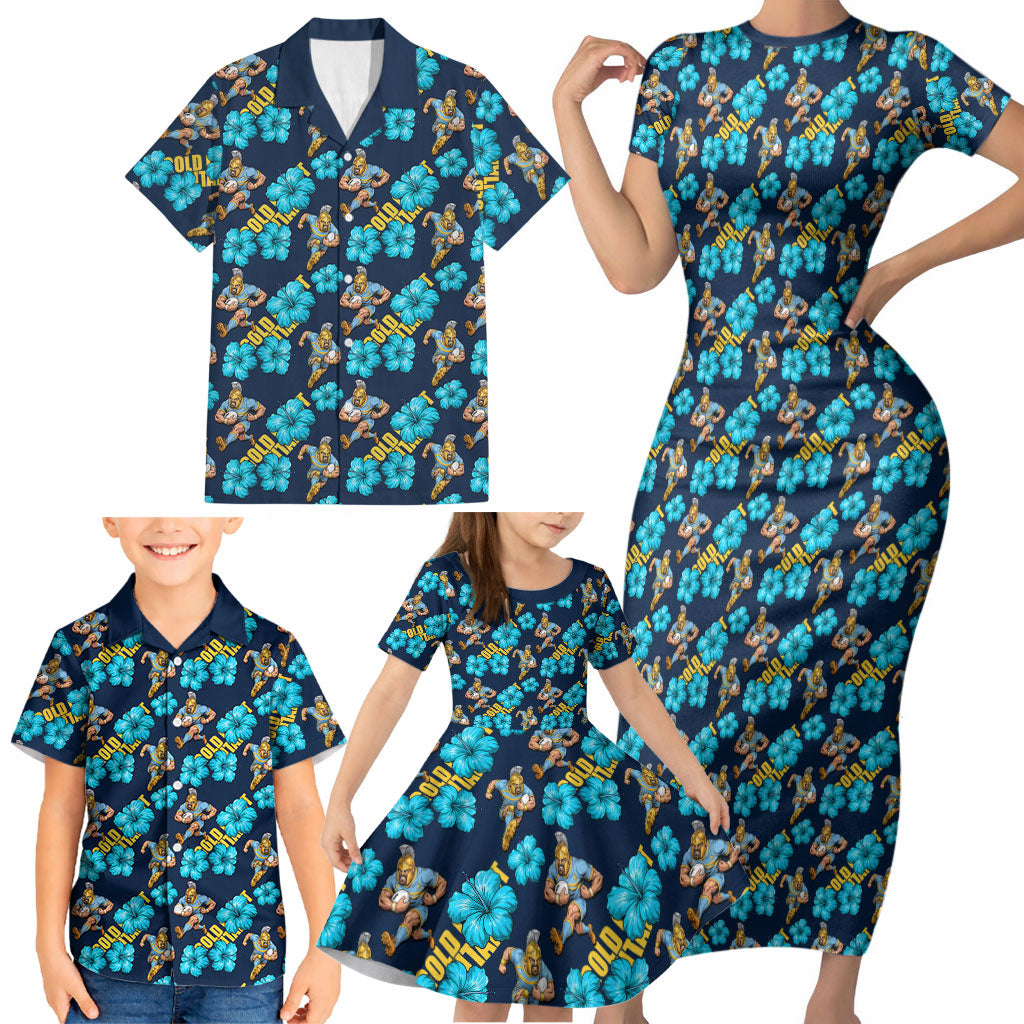 Gold Coast Titans Family Matching Short Sleeve Bodycon Dress and Hawaiian Shirt Tropical Hibiscus Floral Seamless Rugby Mascot