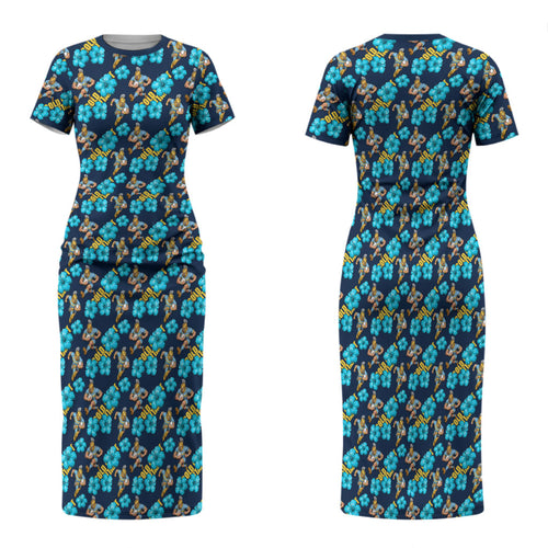 Gold Coast Titans Family Matching Short Sleeve Bodycon Dress and Hawaiian Shirt Tropical Hibiscus Floral Seamless Rugby Mascot