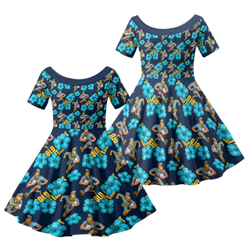 Gold Coast Titans Family Matching Short Sleeve Bodycon Dress and Hawaiian Shirt Tropical Hibiscus Floral Seamless Rugby Mascot