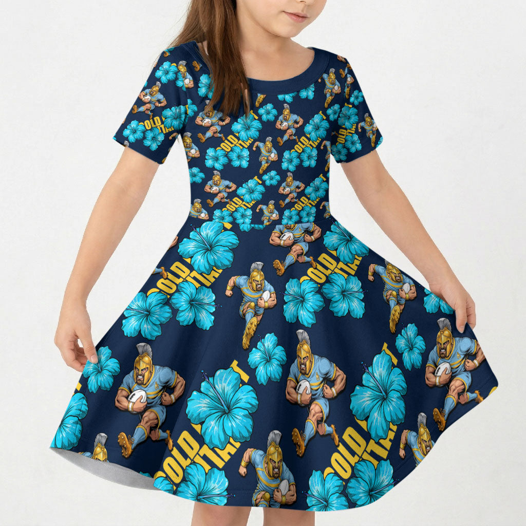 Gold Coast Titans Kid Short Sleeve Dress Tropical Hibiscus Floral Seamless Rugby Mascot