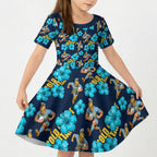 Gold Coast Titans Kid Short Sleeve Dress Tropical Hibiscus Floral Seamless Rugby Mascot