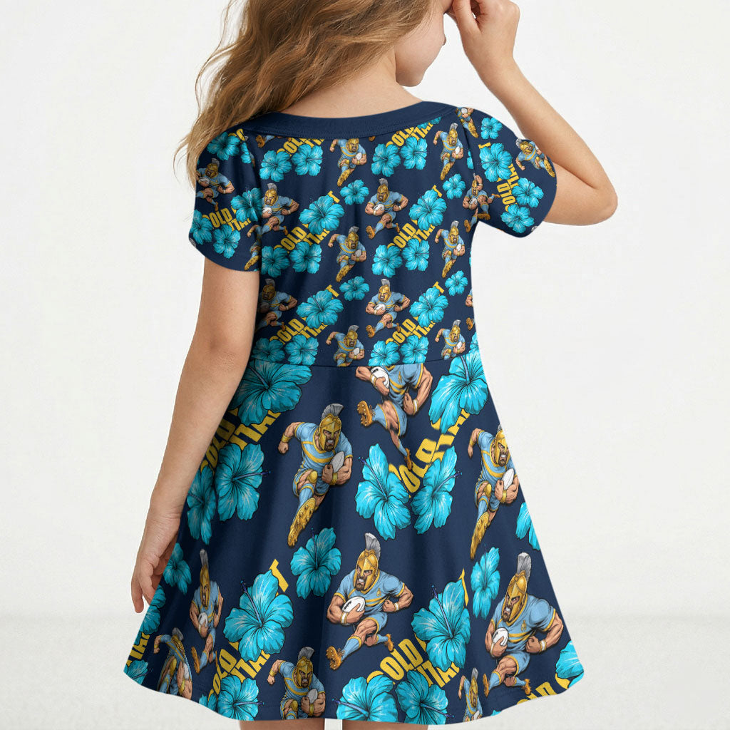 Gold Coast Titans Kid Short Sleeve Dress Tropical Hibiscus Floral Seamless Rugby Mascot