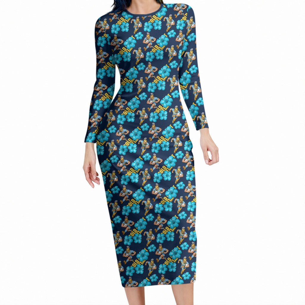 Gold Coast Titans Long Sleeve Bodycon Dress Tropical Hibiscus Floral Seamless Rugby Mascot