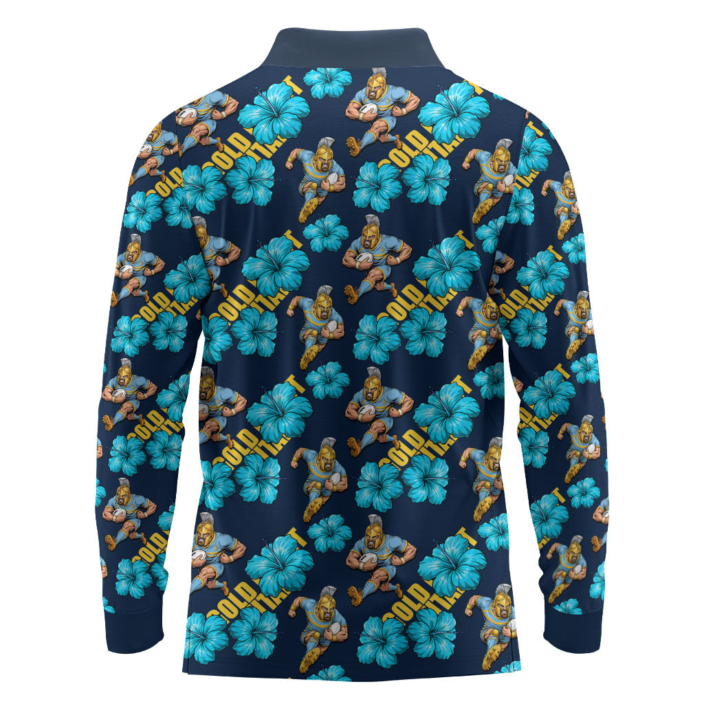 Gold Coast Titans Long Sleeve Polo Shirt Tropical Hibiscus Floral Seamless Rugby Mascot