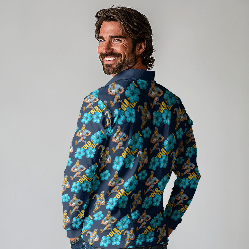 Gold Coast Titans Long Sleeve Polo Shirt Tropical Hibiscus Floral Seamless Rugby Mascot