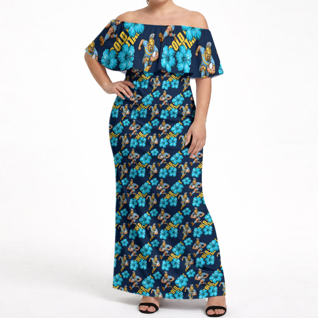 Gold Coast Titans Off Shoulder Maxi Dress Tropical Hibiscus Floral Seamless Rugby Mascot