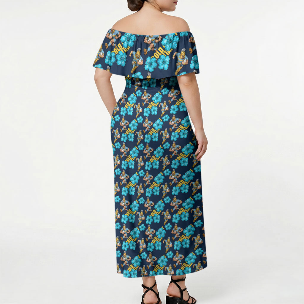 Gold Coast Titans Off Shoulder Maxi Dress Tropical Hibiscus Floral Seamless Rugby Mascot